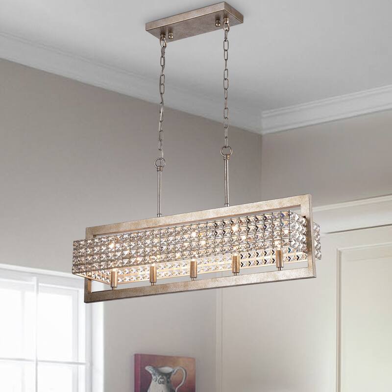 Taunus Rectangular Beaded 5-Light Chandelier for Dining/Living Room, Kitchen Island - Antique Silver