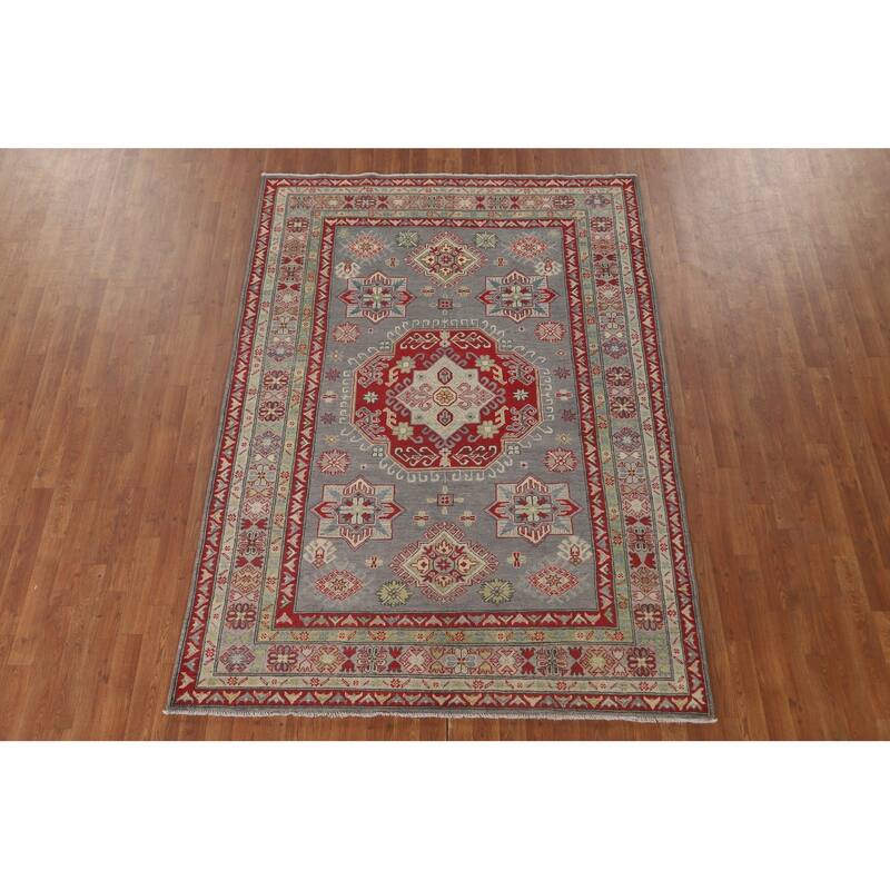 Gray Geometric Kazak Oriental Area Rug Handmade Wool Carpet - 5'7" x 7'11"
