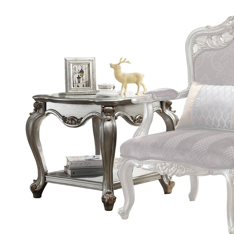 Square Shape Wooden End Table with Polyresin Carvings and Bottom Shelf, Silver