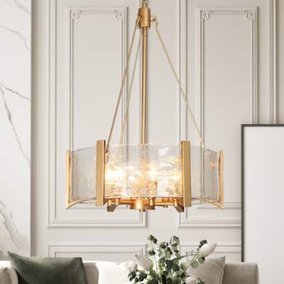 Mid-Century Modern 6-Light Gold Drum Chandelier Glass Pendant Light for Dining Room - 19.5"D x 26"H