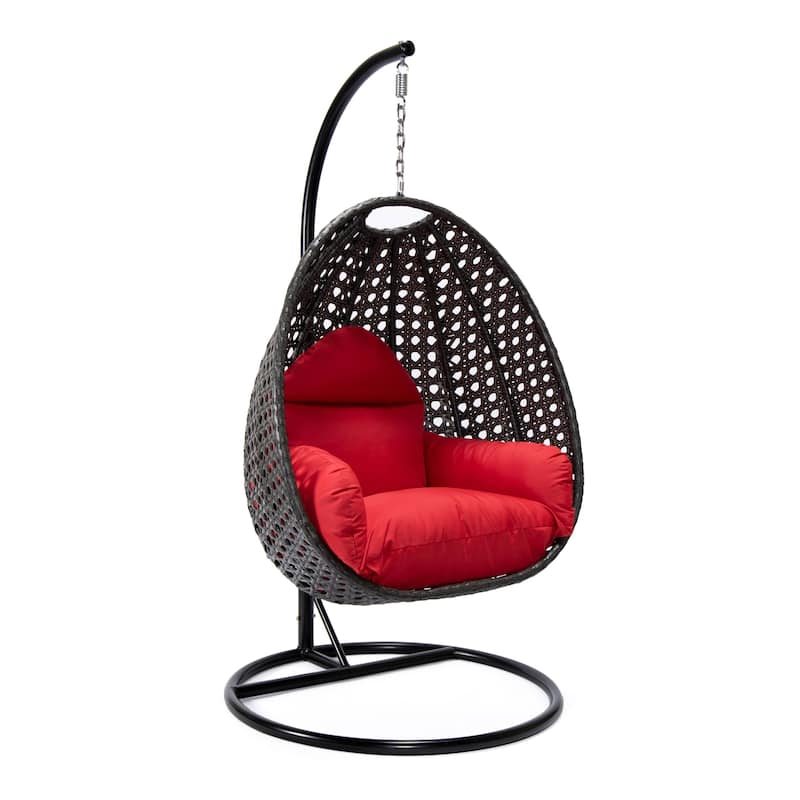LeisureMod Charcoal Single Seater Rattan Wicker Egg Swing Hanging Chair for Indoor Outdoor Patio Porch Backyard Garden - Red
