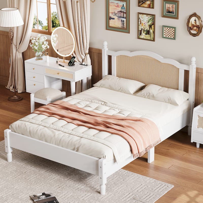 Queen/Full Size Wood Platform Bed with Natural Rattan Headboard, Vintage Bed Frame