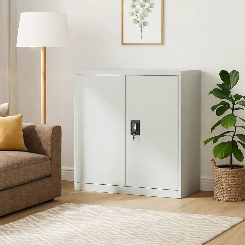 Filing Cabinet, Matte Gray Steel Body, 2 Adjustable Shelves, 35 Inch