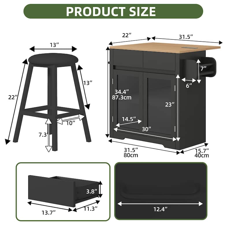 Moasis Rolling Kitchen island with Seating and LED Lights,Mobile Storage Islands with Drop Leaf, Dining Table with Power Outlet