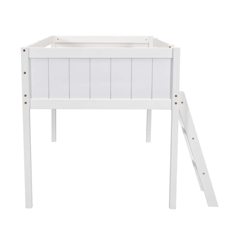 Loft Bed Twin Size Solid Wood Low Loft Bed w/Guard Rail and Ladder