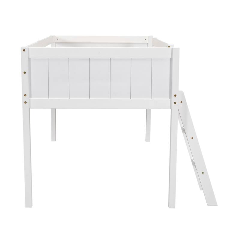 White Twin Size Low Loft Bed with Convertible Ladder, No Box Spring Needed, Easy Assembly