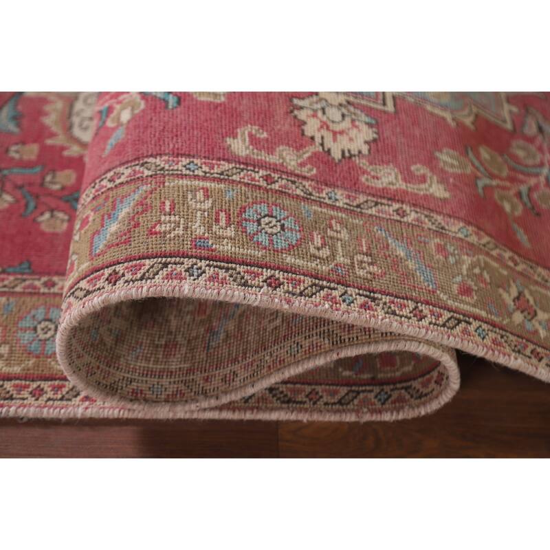 Hand Knotted Oriental 100% Wool Carpet Traditional Floral Pink Tabriz Runner Rug - 12' 9'' X 3' 3''