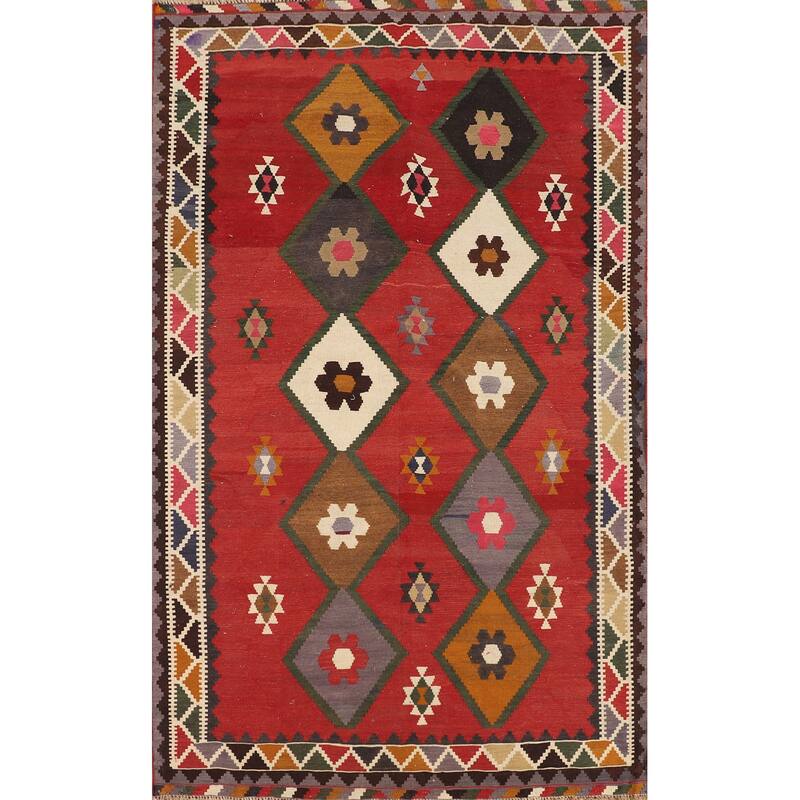 Geometric Kilim Qashqai Persian Vintage Rug Flatweave Wool Carpet - 5'4"x 8'0"