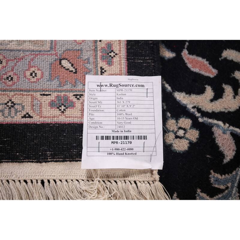 Black Floral Kashan Indian Area Rug Handmade Wool Carpet - 9'2"x 11'10"