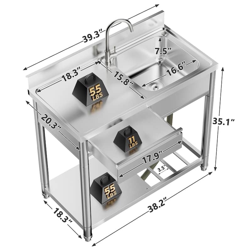 304 Stainless Steel Outdoor Utility Sink Station with Workbench & Storage
