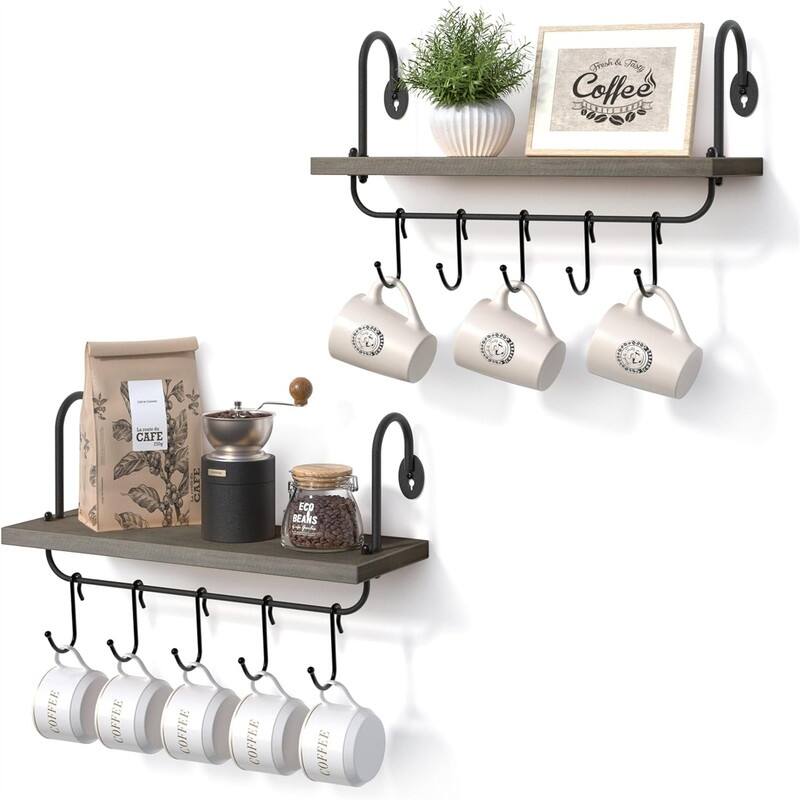Floating Wall Shelves for Kitchen Bathroom Coffee Nook - 2"D x 17"W x 5.9"H - Weathered Grey
