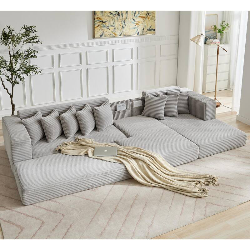 Corduroy L-shaped Chaise Sectional Sofa Convertible Sleeper Sofa Bed - Light Grey