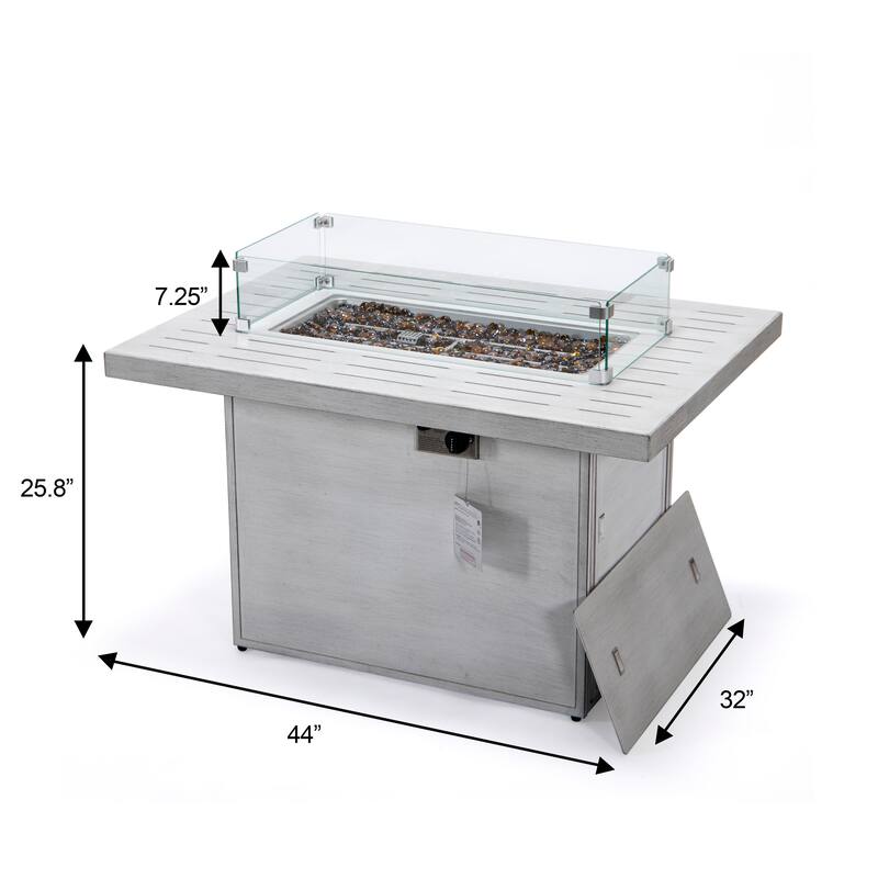 Chelsea Modern Outdoor 55000 BTU Propane Patio Fire Pit Table with Tempered Glass Wind Guard and Decorative Crystal Stones