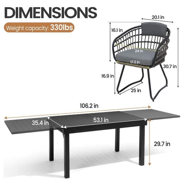 dimension image slide 3 of 10, 5/7/11-Piece Set Outdoor Aluminum Extendable Patio Dining Set Rectangle Table with Rattan Chairs