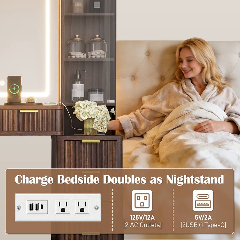 43.5" Fluted Makeup Vanity Desk with LED Mirror, Dressing Table Set with Stool, 10 Drawers & Charging Station