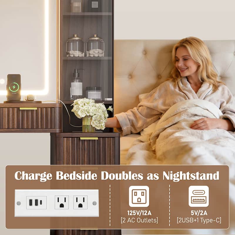 43.5" Fluted Makeup Vanity Desk with Mirror and Lights, with 10 Drawers & 2 Transparent Glass Cabinets