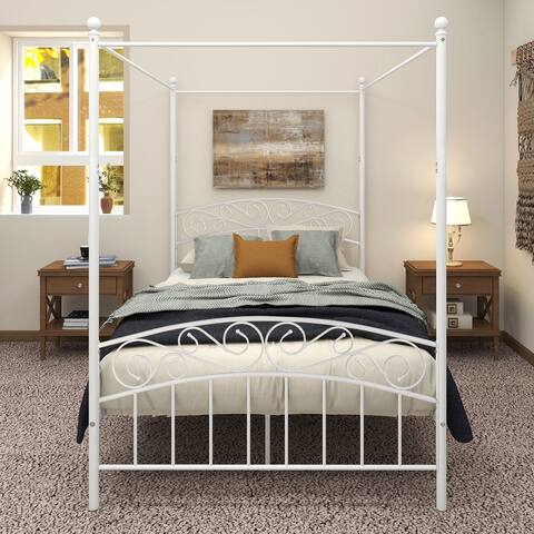 Metal Canopy Bed with Ornate European Style Headboard & Footboard Sturdy Steel Holds 600lbs, Full White
