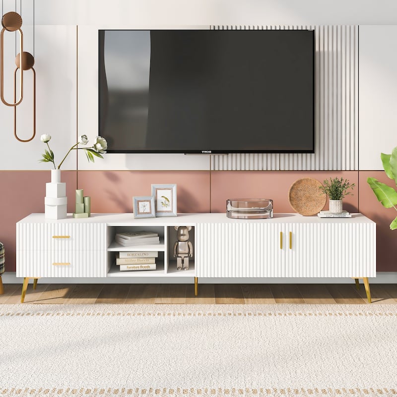 Rectangle TV Stand, Modern Media Storage Console with 2 Drawers, 2 Cabinet, Entertainment Center for Living Room, TVs up to 77"