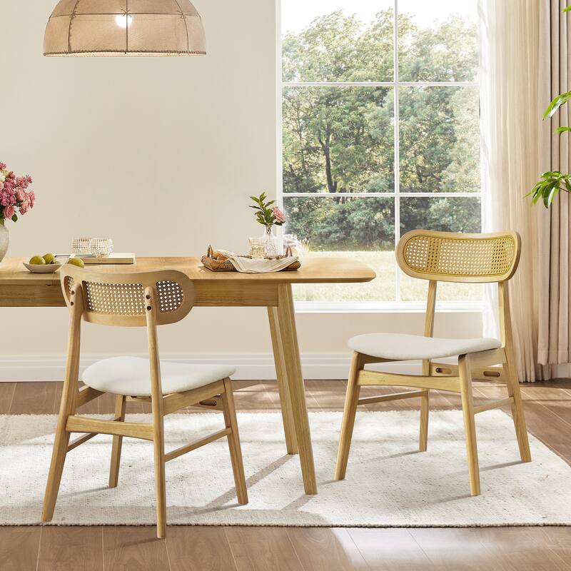 Spruce & Spring Modern Upholstered Dining Chair with Handwoven Rattan Back - Set of 2 - Natural