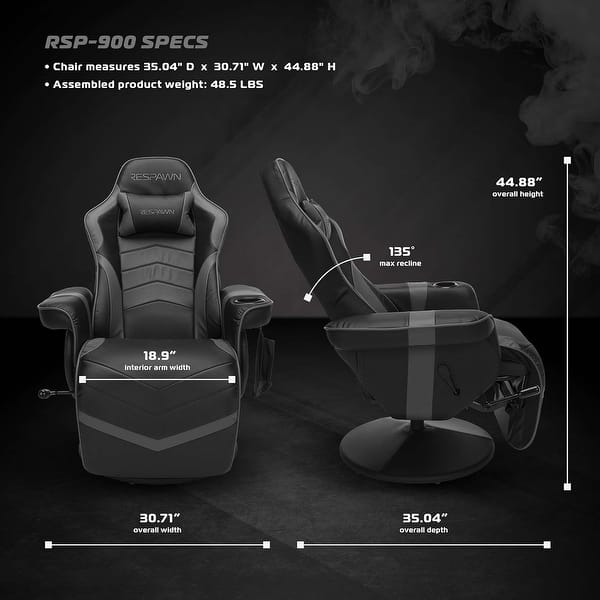 dimension image slide 1 of 2, RESPAWN 900 Gaming Recliner - Reclining Gaming Chair with Footrest, Gaming Chair Recliner