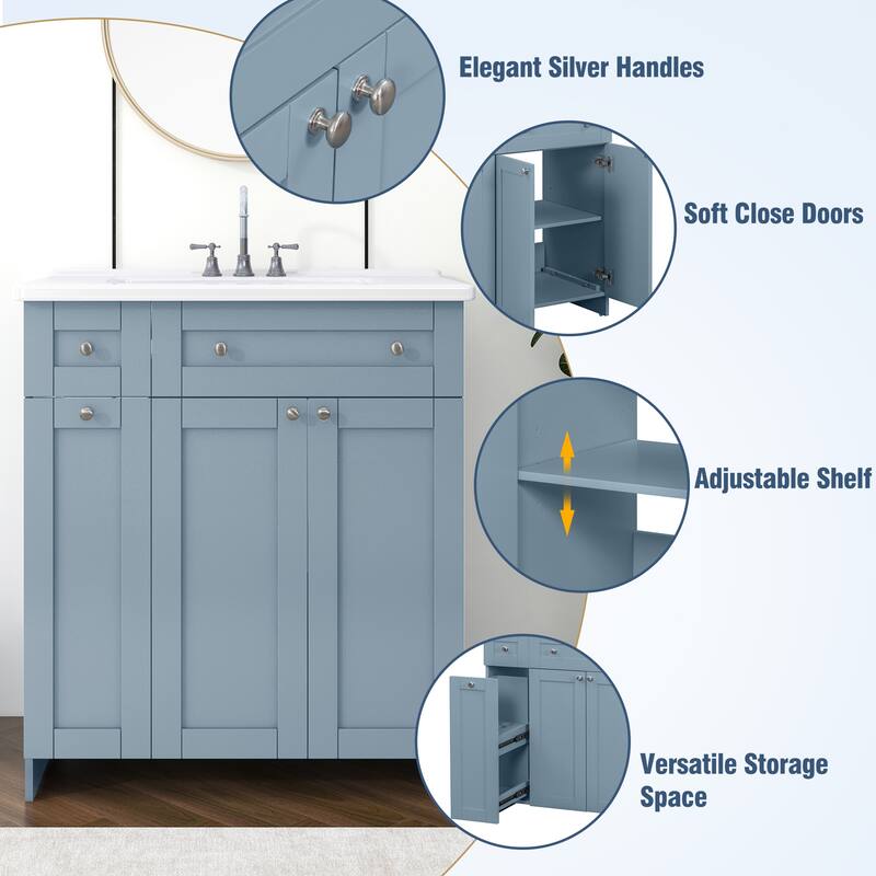 Compact 30-Inch Black Bathroom Vanity with Ceramic Sink, Soft-Close Doors, and Ample Storage Space