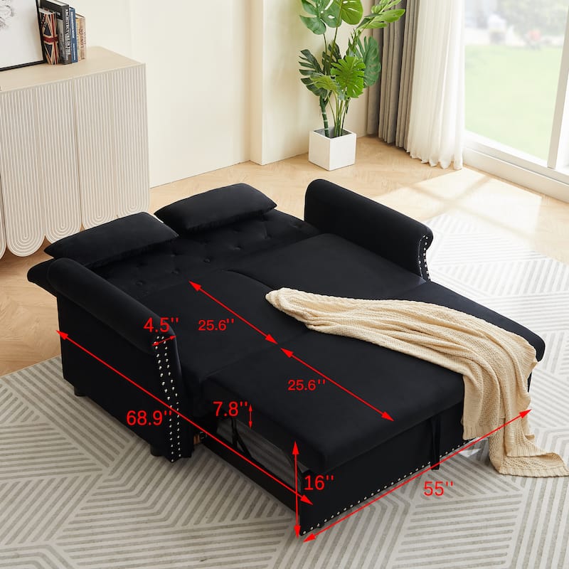 Velvet Pull Out Loveseat Sofa Convertible Sleeper Loveseat Bed with 2 Pillows Rivet Arm Lounge Couch Tufted Sofa