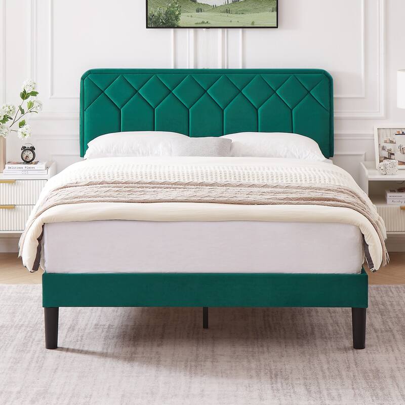 Upholstered Platform Bed Frame with Modern Adjustable Headboard, No Box Spring Needed - Green - Queen