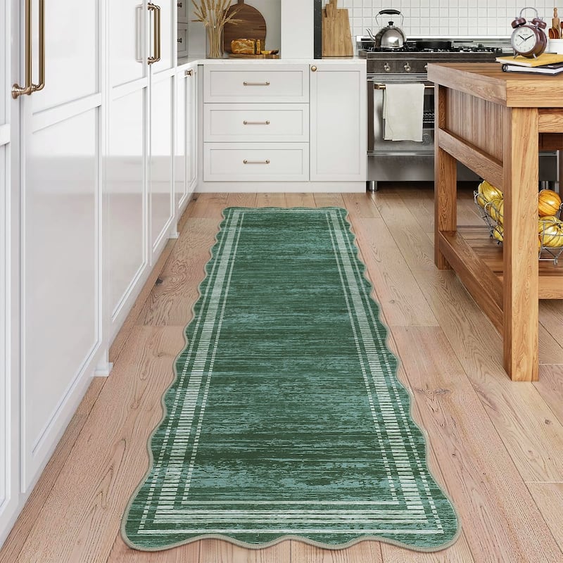 Washable Scalloped Area Rugs, Modern Bordered Living Room Rugs for Bedroom - 2'x6' - Green