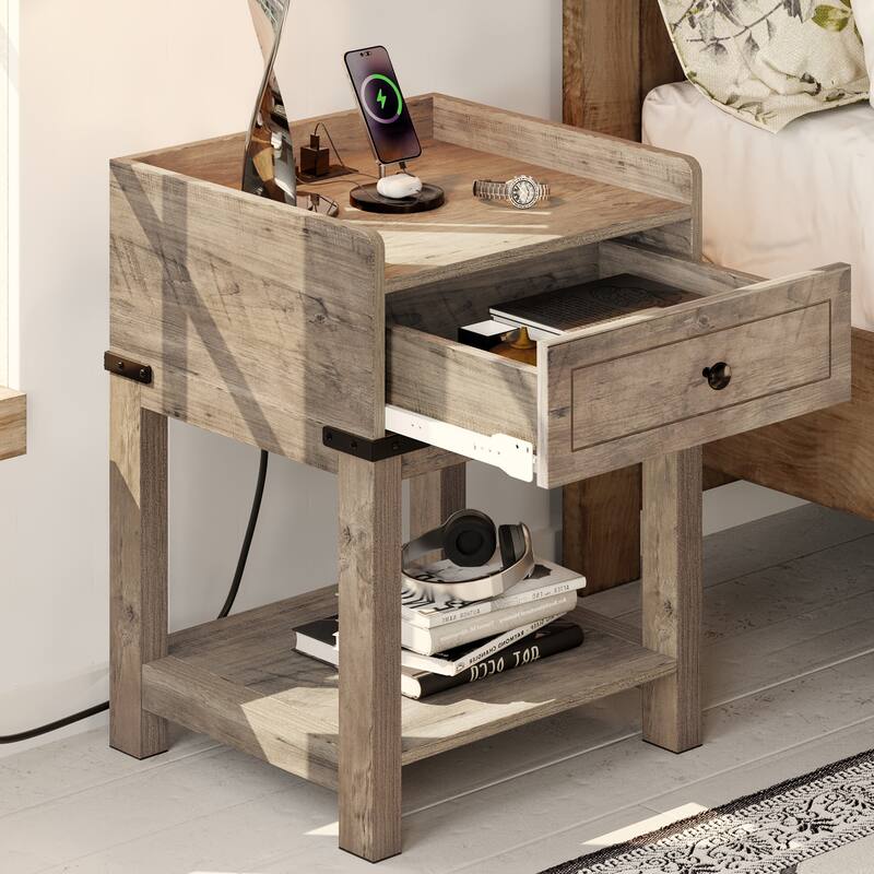 Moasis Farmhouse End Table with Charging Station, USB Ports and Outlets