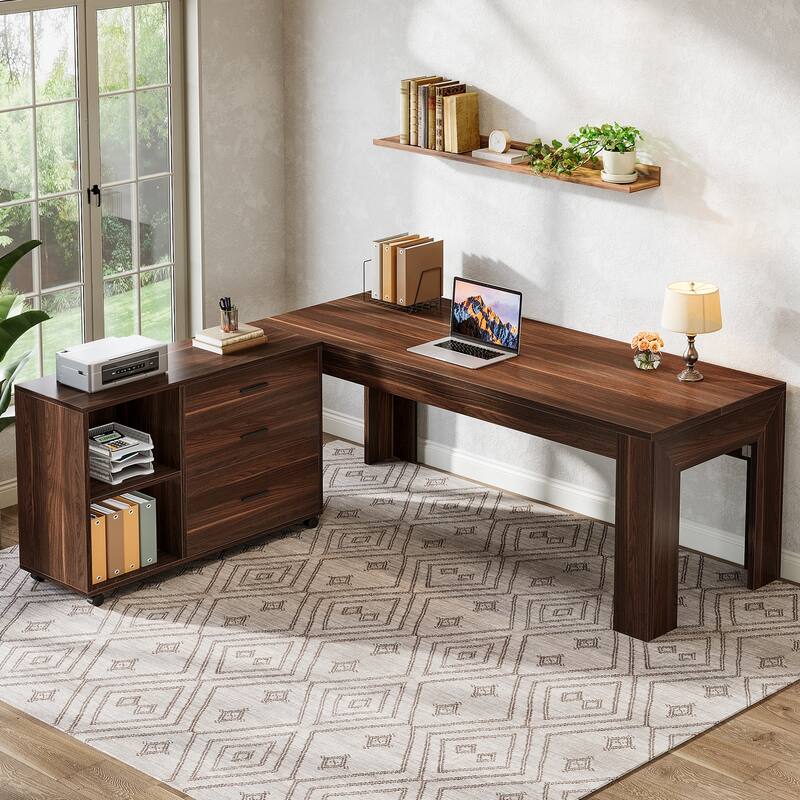 63" L Shaped Executive/Computer Desk/Table Mobile File Cabinet with Drawers/Shelves Home Office Business Furniture