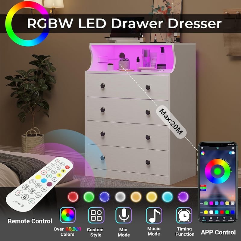 Dresser Charging Station 4 Drawers LED Dresser for Bedroom