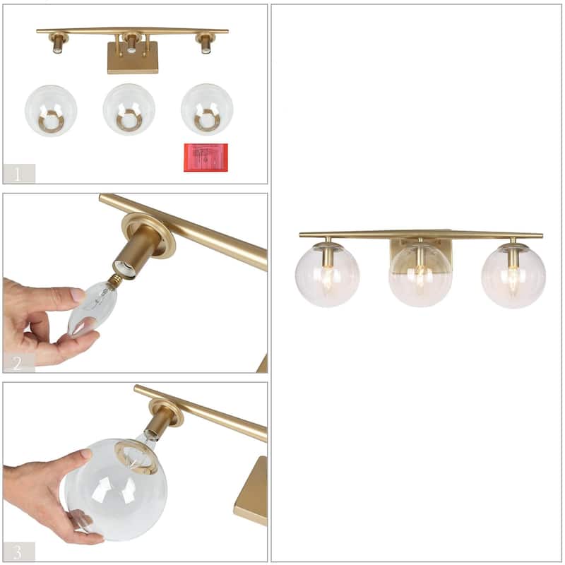 Modern 3-Light Gold Bathroom Vanity Lights Farmhouse Globe Wall Sconce for Powder Room