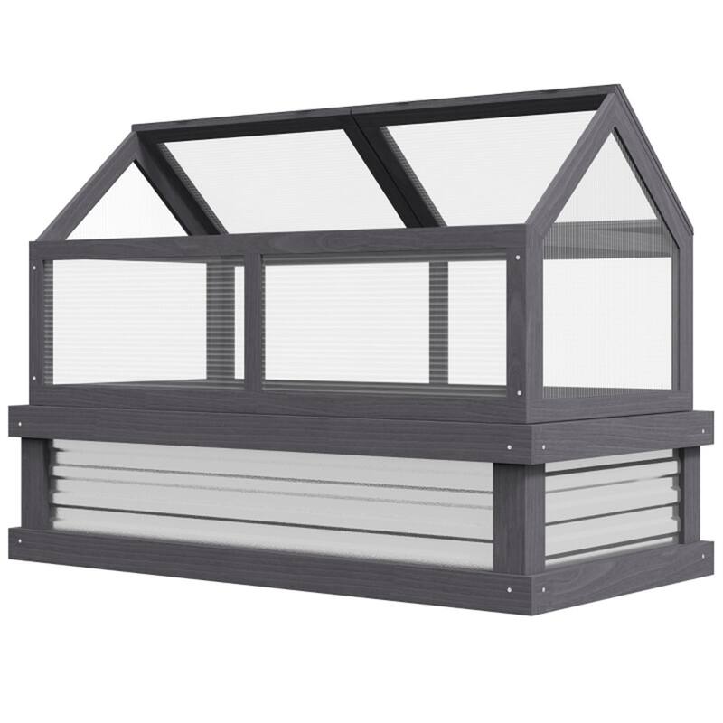 Grey Fir Wood Galvanized Steel Polycarbonate Mini Greenhouse with Roof - Grey