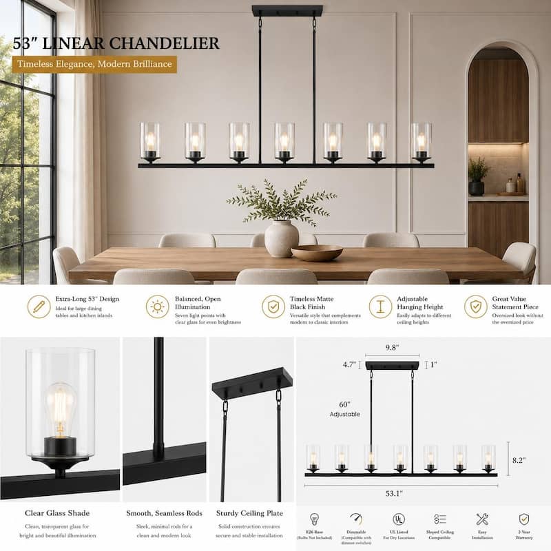 Modern Farmhouse 7-Light Large Chandelier Black Linear Light for Kitchen Island Dining Room - 53.1" W