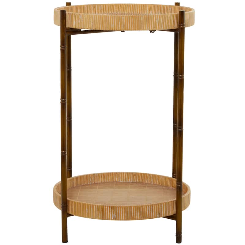 Rattan 2 Tray Shelves Accent Table with Metal Bamboo Inspired Legs - Brown - Roche River Decor - 18"W x 18"L x 26"H