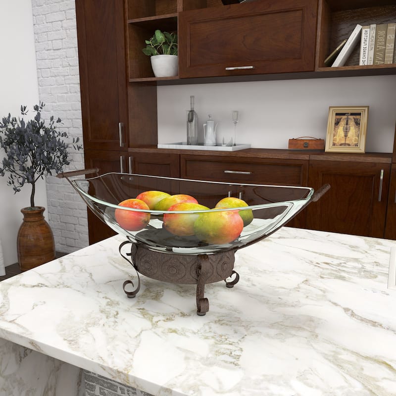 Tempered Glass Kitchen Serving Bowl with Brown Metal Scroll Base - Clear - Roche River Decor