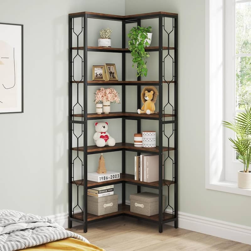 7-Tier Corner Bookshelf, White Corner Shelf Modern Etagere Bookcase