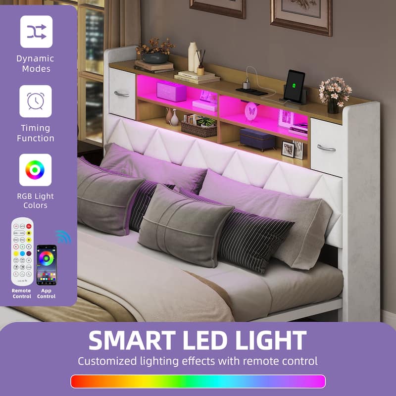 Farmhouse Bed Frame Upholstered Headboard Platform Bed with Charging Station