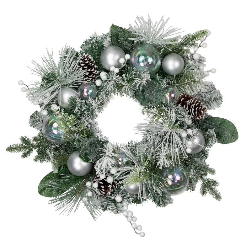 Flocked Pine Artificial Christmas Wreath Iridescent Ornaments 24"