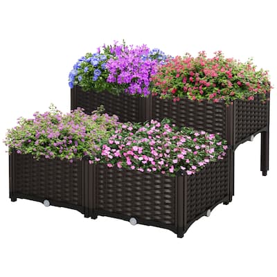 Outsunny 4-Piece Rattan Raised Garden Beds Outdoor Planter Boxes with Different Stacking Arrangements, Self-Watering Design