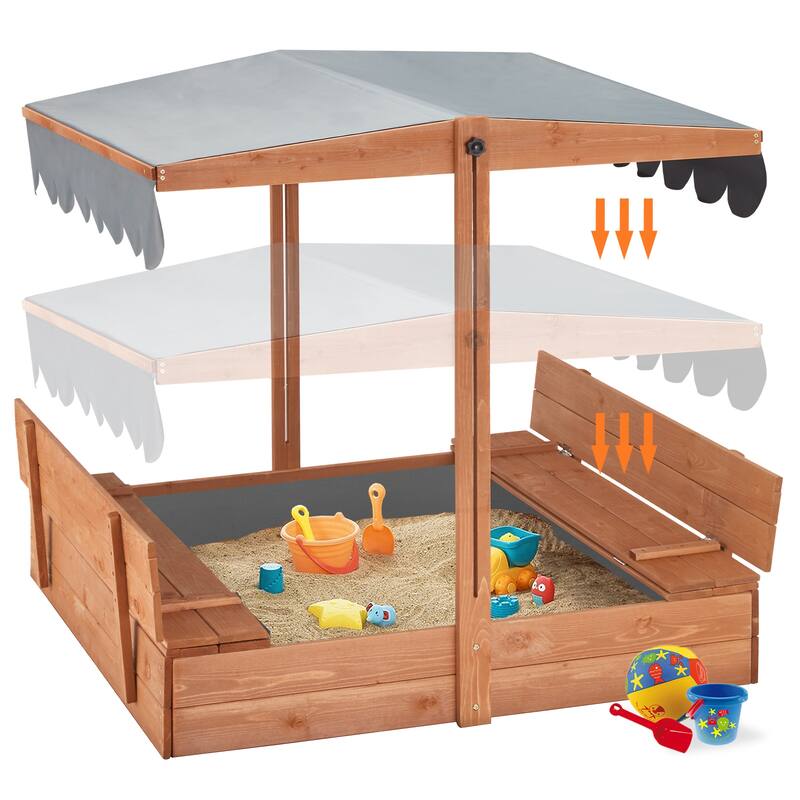 EROMMY Kids Wooden Sandbox with 2 Foldable Bench Seats and Adjustable Canopy Roof