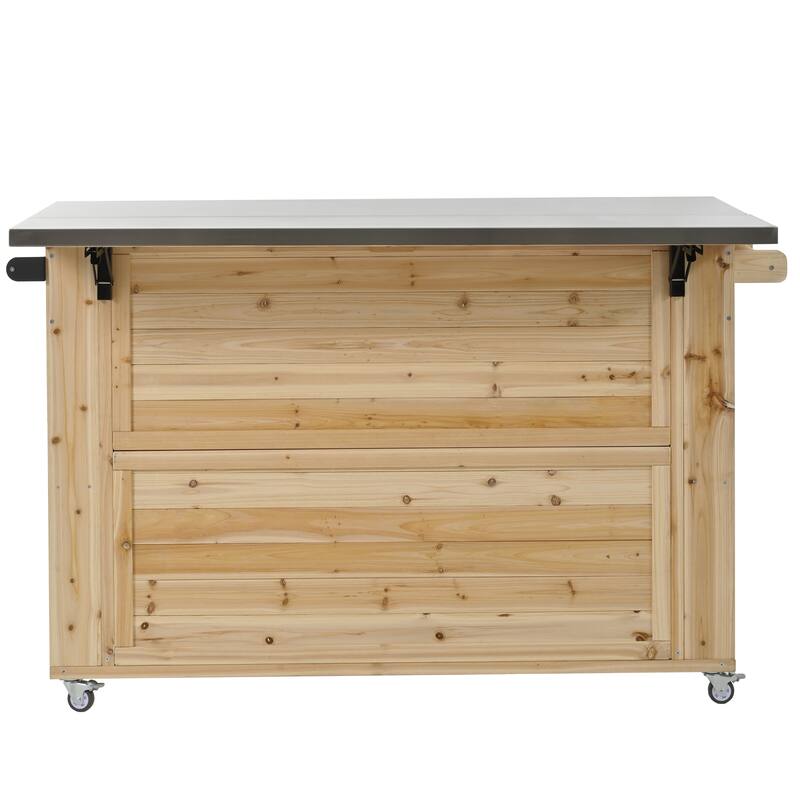 Roomfitters Outdoor Fir Wood Kitchen Island with Stainless Steel Top Towel & Spice Racks Bottle Opener