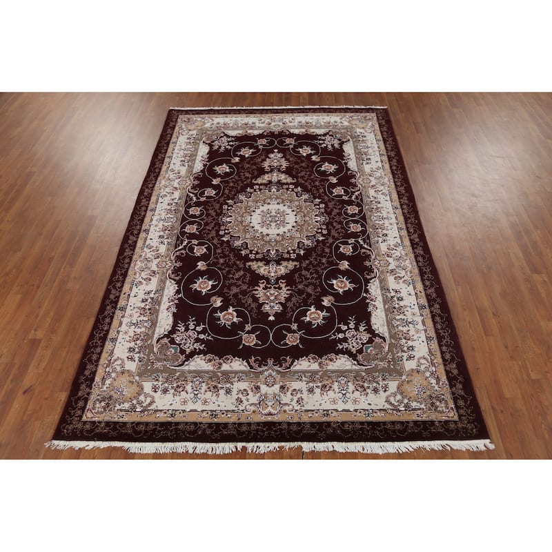 Burgundy Red Floral Aubusson Area Rug Machine Made Carpet - 6'6" x 9'10"