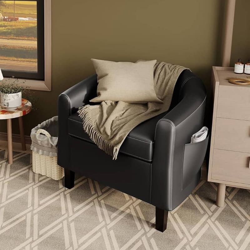 Faux Leather Sofa Accent Chair for Living Room Bedroom Reading Room - Black