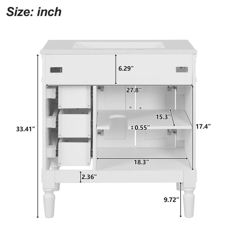 GDFStudio - Mia Modern 30" Bathroom Vanity with Ceramic Sink, Soft-Close Drawers & Adjustable Shelf