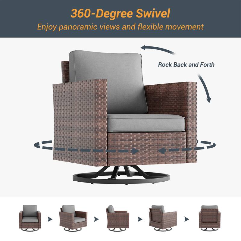 LIVOOSUN 3-Piece Patio Sofa Set Outdoor Rattan Swivel Rocking Chair Glass Table