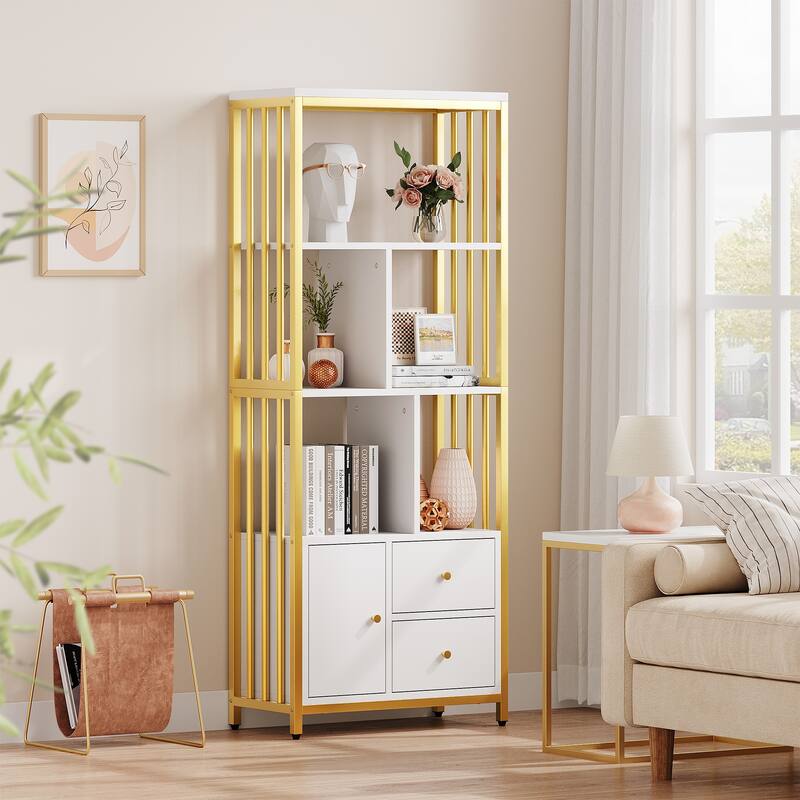 Gold Bookshelf with Drawers Modern Bookcase Storage Rack
