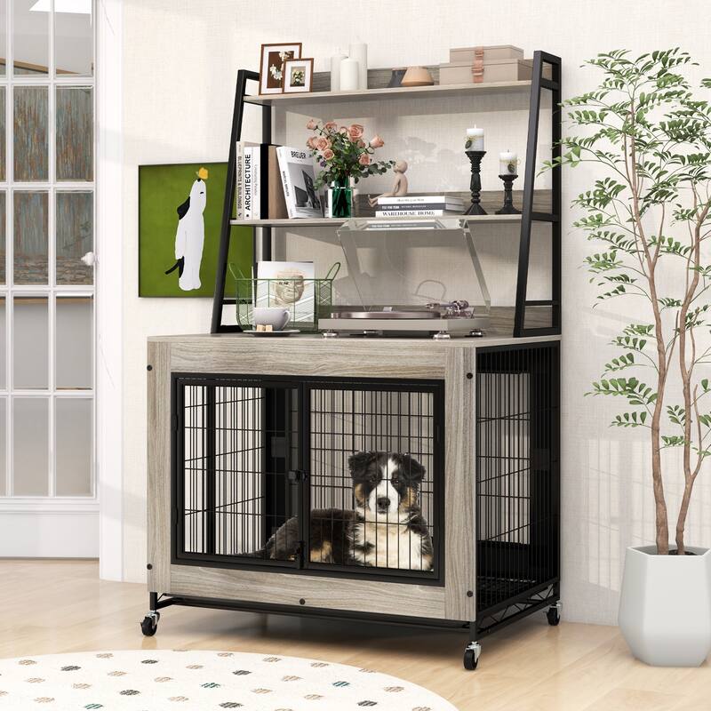 Gymax Dog Crate Furniture w/ Storage Shelves Industrial Dog Kennel w/