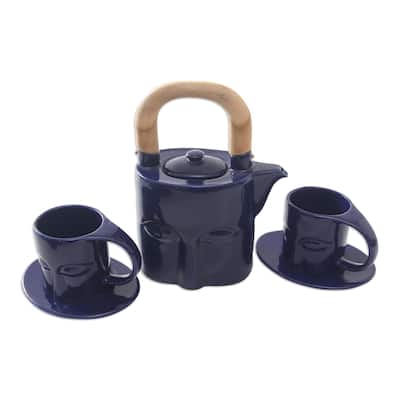 Novica Handmade Buddhas Gaze Teak Wood-Accented Ceramic Tea Set For Two (5 Pcs)