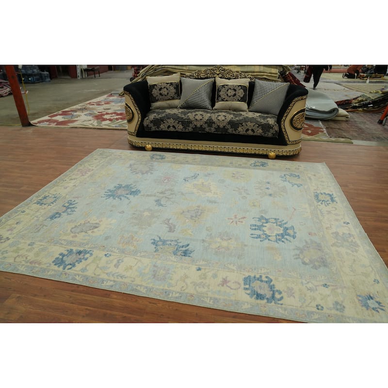 Handmade Blue Oushak Vegetable Dye Area Rug, Floral Geometric Carpet - 10' 3'' X 7' 11''